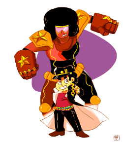 battle-tendancwrrry:I’ve been seeing a lot of fanart of Steven/Jotaro and Garnet/Star Platinum crossovers, so I wanted to give some lovin’ to Connie Kakyoin w/ Hierophant Pearl and Greg Joestar w/ Hermit Amethyst. Bonus: 