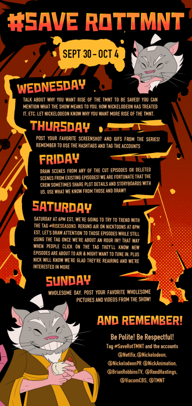 kal-zoni:  Here’s this weeks #saverottmnt schedule (Sept 30 - Oct 4) RotTMNT Fam! (Splinter themed for this week! )Each weeks schedule is organized by @holymangos on twitter so please follow her for more info and updates and give her a huge thanks for
