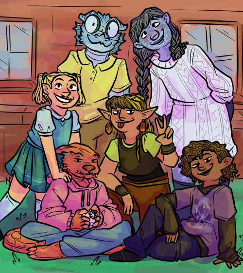 A digital drawing of the High 5 Heroes from Fantasy High Junior Year, in a flashback from when they were freshmen. Mary Ann Skuttle and Ruben Hopclap are sitting on the ground in front. Ivy Embra is kneeling in between them. Kipperlilly Copperkettle is standing behind Mary Ann with one hand on her shoulder. Oisin Hakinvar and Lucy Frostblade are both hunching in or leaning over to fit in the frame at the back. Everyone in the party is smiling with various degrees of warmth. They are young and innocent and united.