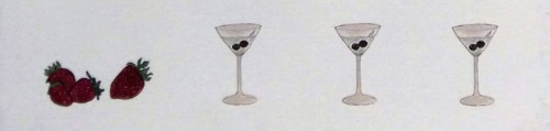 Detail illustration from the magazine "Quarter After Eight", with small watercolor paintings of cocktails and strawberries.