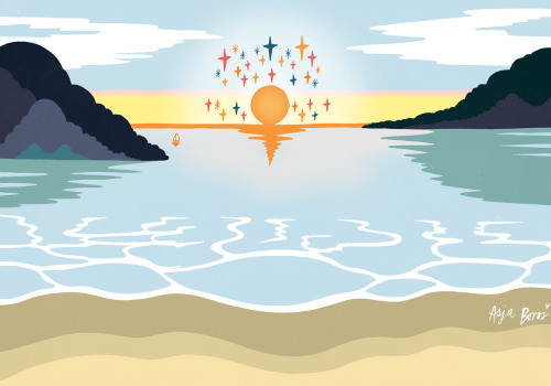 inkflowergarden:Calm after the storm.[ID: two lineless digital illustrations of the sea and sky. The