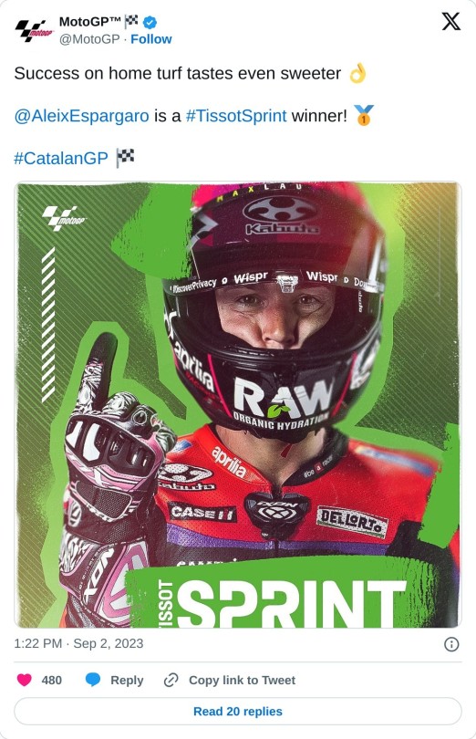 Success on home turf tastes even sweeter 👌@AleixEspargaro is a #TissotSprint winner! 🥇#CatalanGP 🏁 pic.twitter.com/gBtB1VT2l9  — MotoGP™🏁 (@MotoGP) September 2, 2023