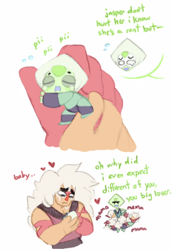 sallychanscraps:  (cont. from this) there was also an idea that on homeworld runts are seen as inferior and should be terminated after birth but…. mama jasper loves baby.. ;n; shes too tiny to even open her eyes yet;;  &gt; w&lt; &lt;3