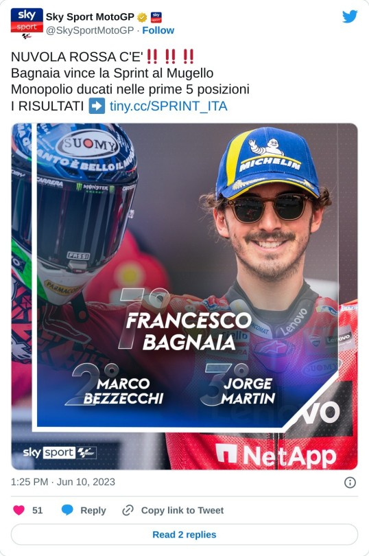 NUVOLA ROSSA C'E'‼‼‼ Bagnaia vince la Sprint al Mugello Monopolio ducati nelle prime 5 posizioni I RISULTATI ➡ https://t.co/O8QnerVOXA pic.twitter.com/pX58i3qv43  — Sky Sport MotoGP (@SkySportMotoGP) June 10, 2023