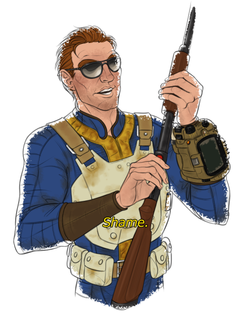 norrisdraws:AU where the Vault-Tec rep is the sole survivor.Pro: he becomes a badass.Con: he still n