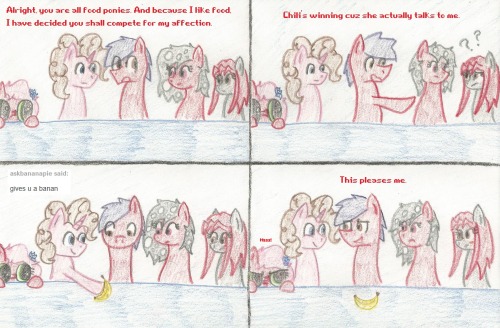 askchilimod:  nearlyentertainment:  thecherrysodaaskblog counts as a food pony right? Be nice thesweetadventuresofstrawberry! askchilimod is still winning, but askbananapie is trying to catch up with food bribes (which totally works).  Banana Pie that’s