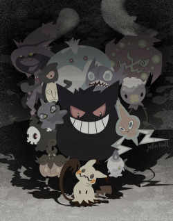 aureliax0:  This is my first Pokemon-themed artwork in foreverrrrr. But once I laid eyes on the new cutie Ghost/Fairy Mimikyuu, I had to draw it with some of its spoopy buddies! Please do not repost (reblog instead!) or remove the credits. Thank you!