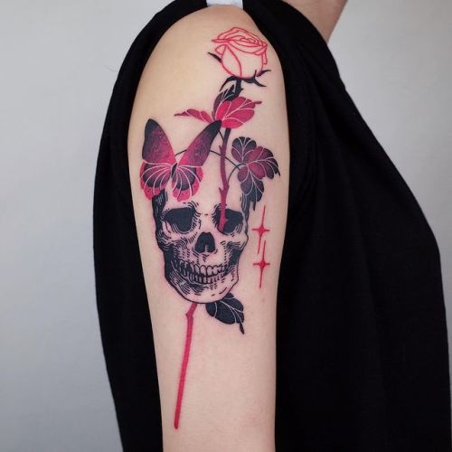 ig: bb_rung blackw;butterfly;etching;pink;rose;skull