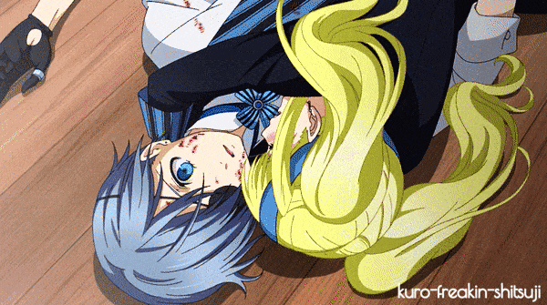kuro-freakin-shitsuji:━ when Lizzie jumped on Ciel and started to nuzzle his shoulder