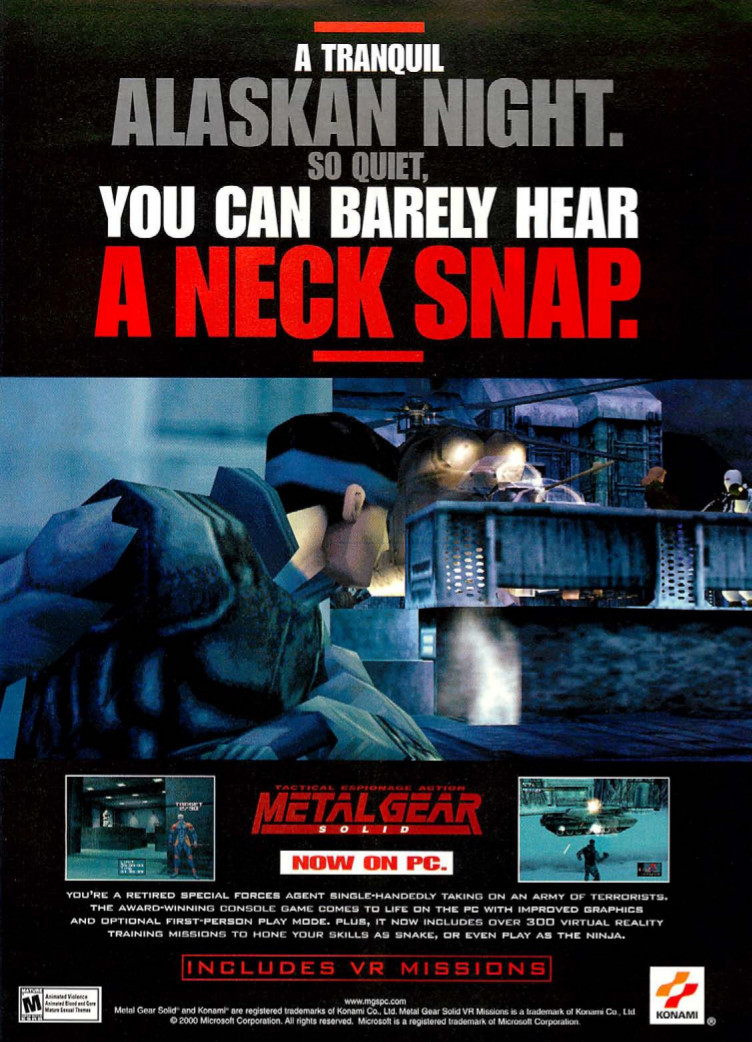 “Metal Gear Solid” [PC]
• Computer Gaming World, February 2001 (#199)
• via CGW Museum
• Microsoft brings the blockbuster video game to the PC with added first-person play modes! Why first-person? Because, PC gamers can’t function without it,...