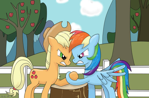 fuckyeahappledash:  Rainbow Dash vs. Apple Jack by FinnishGirl97  Just kiss already, you two. <w<