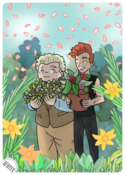  So the wonderful @suvroc trusted me to commission an illustration of Aziraphale and Crowley in spri