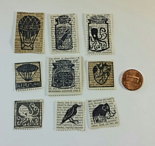 Faux postage/artistamps now for sale! I use the margin selvage from real stamps to make perfectly re