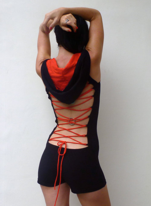 LadeeTaha: Womans Jumpsuit, Lace Up Back & Hood, Black, Red,Onesie, Burning Man, Festival, Costu
