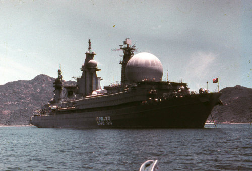 Soviet communications ship SSV-33 Ural moored at Cam Ranh naval base, Vietnam 1989