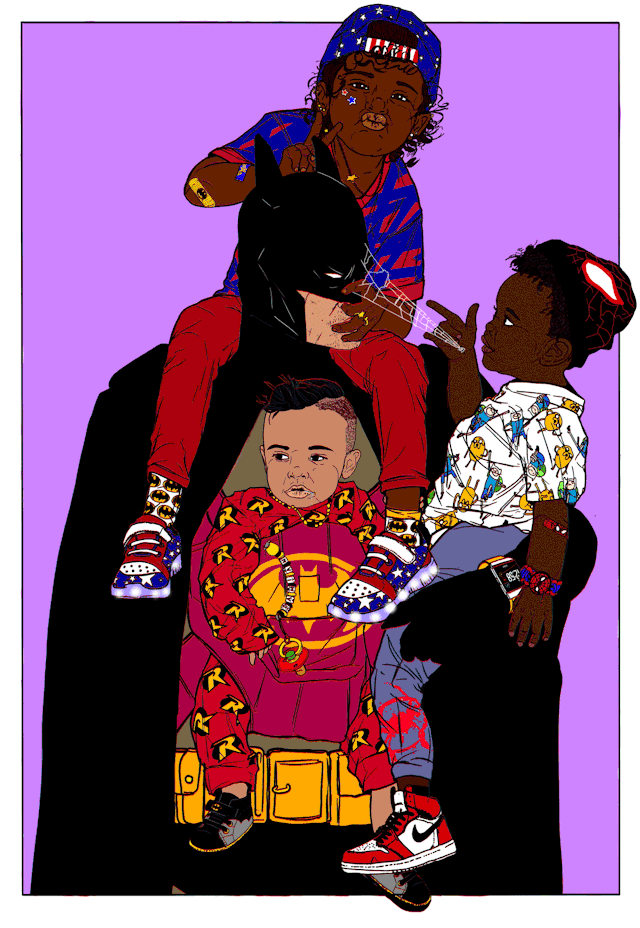Teh DaRk kNiGht aNd TEh NeXt GenErAtion #batman#bruce wayne#damian wayne#America Chavez#Miles Morales#babysitting 101#keep calm #gonna make a hero out of you  #in my bat feelsssss #young avengers#spiderman#DC comics#marvel #proportion...I dont know her  #my lame art