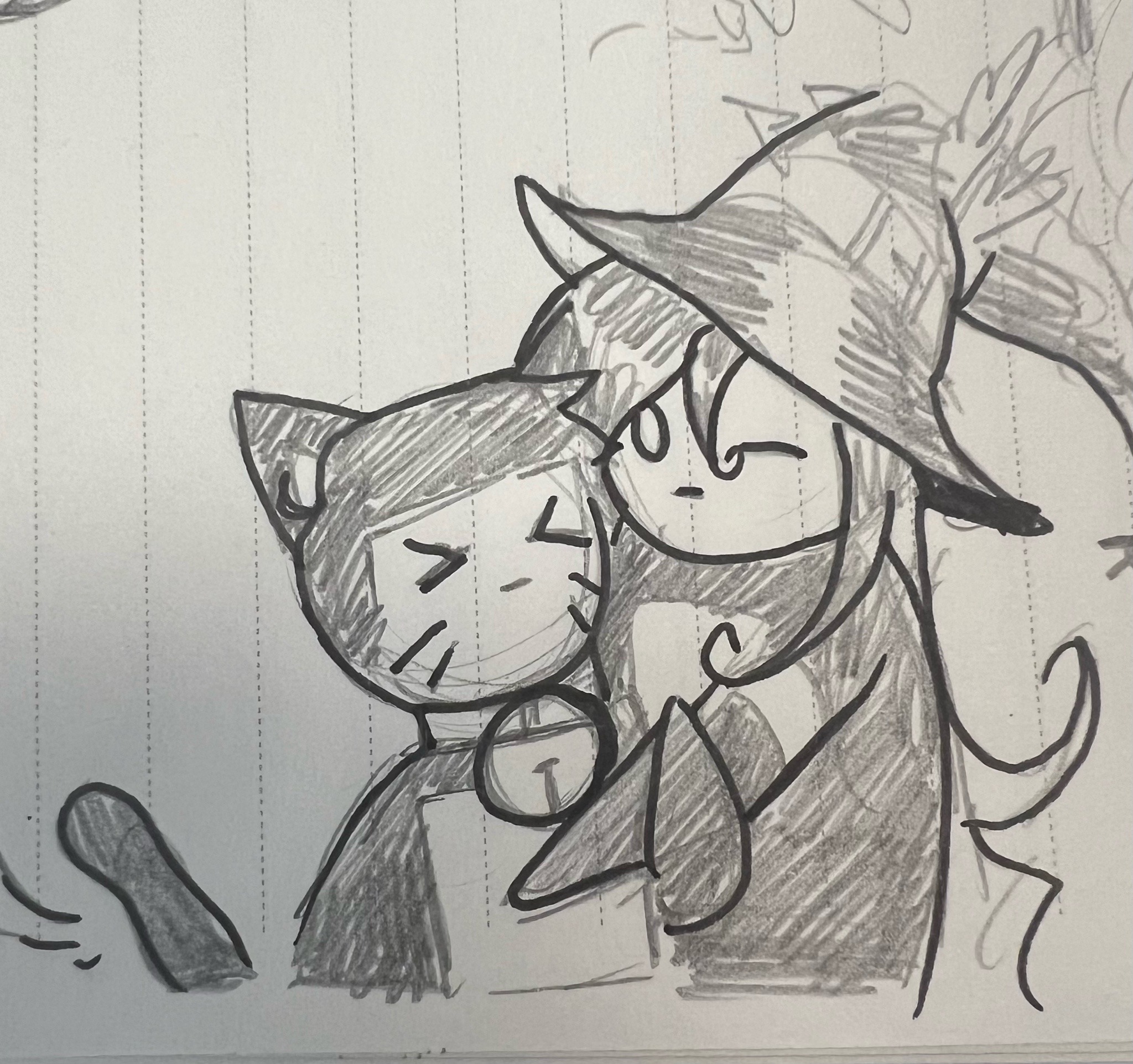  a pencil doodle of falke dressed as a which and adler as a black cat, they are hugging