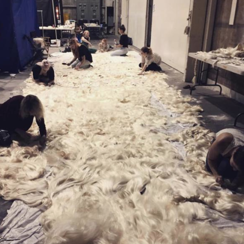 thekuntess:  gagasgallery:   ‏@musicnews_facts: Lady Gaga’s 30ft long wig in the #AHSHotel teaser took 13 people to make, and almost 300 wigs.   Made from all the wigs she’s snatched in her career 