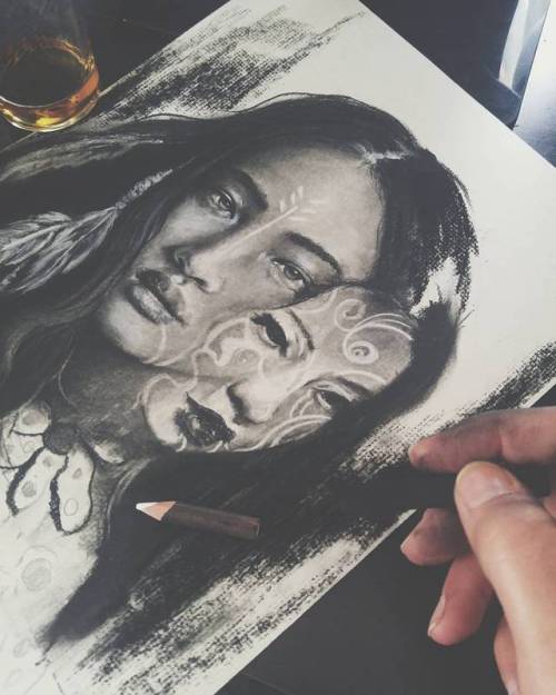 Face mapping, charcoal fingers and whiskey ✏'One who lives below’ #wip …. #art #drawi