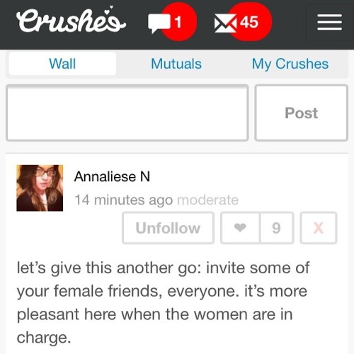 I am only letting women and queer people onto Crushee right now. #tyranny #misandry ¯\_(ツ)_/¯ #crush
