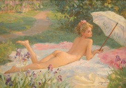 artbeautypaintings:Sunbathing with parasol