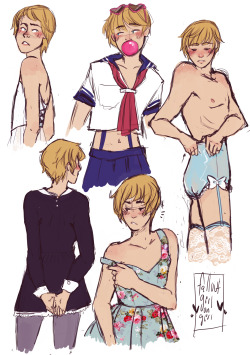 falloutgirlongirl:  commission for tumblr user flowersandmud !! armin in femme clothes and lingerie for all of ur armin needs. thank you so much i had a lot of fun heh (‘: commission info.