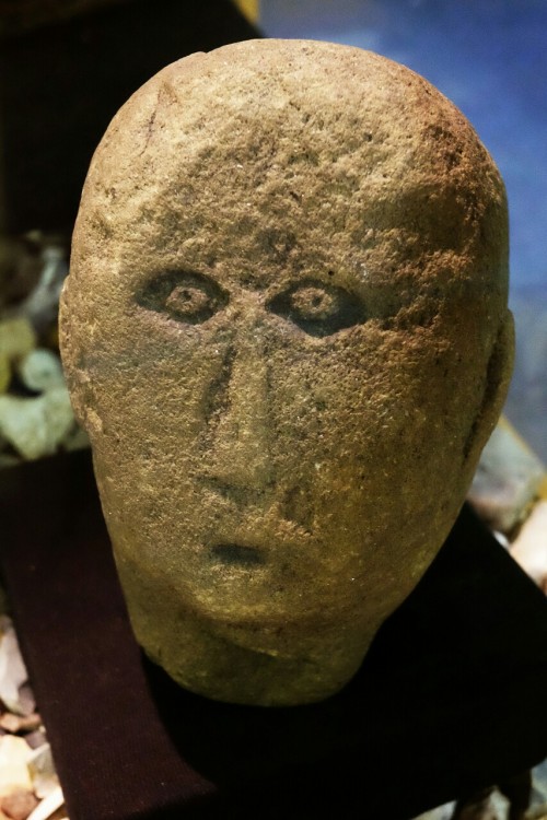 Prehistoric artefacts from the Craven Museum, Skipton. Items include an Iron Age Celtic Head (a wate