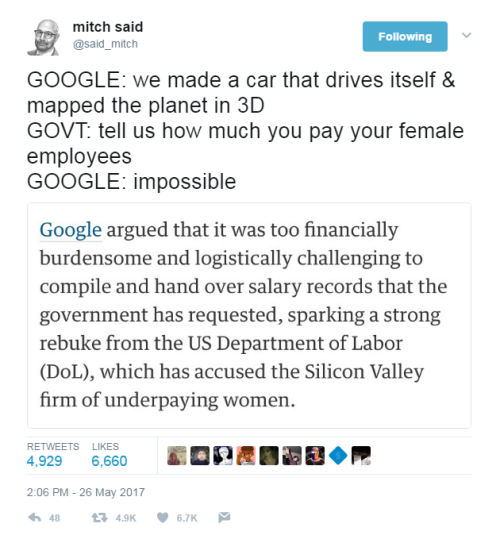 profeminist:SourceWomen At Google Face ‘Extreme, Systemic’ Wage Gap, According To Labor Dept. SuitRe