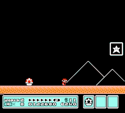 suppermariobroth:  In Super Mario Bros. 3, letting a Super Mushroom follow Small Mario as he touches the level goal (possible in Level 2-5) will result in unintended behavior once the Super Mushroom touches Mario after the end-of-level scene. Among other