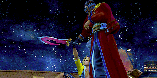 auronstory:Auron helping Tidus lift a sword for the first time is precious.