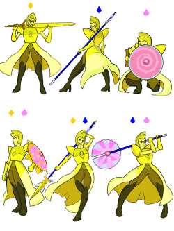 bravelydenying: I had this weird headcanon that one of Yellow’s powers was mastery over weapons, were she could do a sort of psudo-fusion with them. You know, being a war gem commander and all. (Also headcanon that Blue has an ornamental staff rather