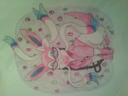fef-x-kan:  playbunny I really hope you like this (/-~-\) love your arts and this is based on the ask about you being a sylveon in a pink jacket(with other additions from me) sorry I don’t have a scanner or tablet or anything.. I love your art! K bye.