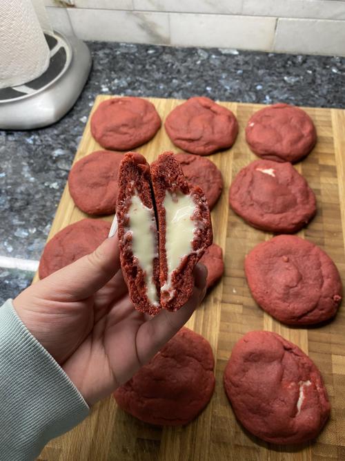 Red velvet cookies stuffed w cream cheese frosting Check this blog!
