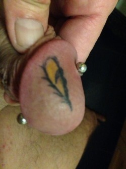 This man has adorned his cock with a piercing and a small tattoo, again, obviously he is into his own dick if he takes the trouble to do this.