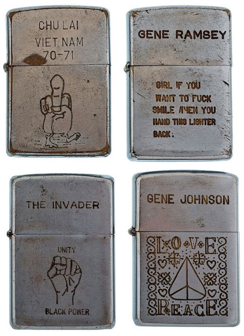 ultra-violence-blog:Engraved Zippo lighters from the Vietnam War.~ Cowan’s Auctions 