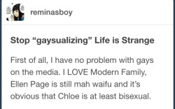 rubyfruitjumble:  actualhawke:  fellyjish:  First of all, I have no problem with gays in the media. I LOVE Modern Family  homophobia is over  ELLEN PAGE IS NOT YOUR WAIFU