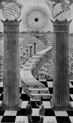 chaosophia218:  Masonic tracing board with a Portal to another Dimension appearing between the pillars of Heaven and Earth.There are three degrees of masonic tracing boards:Initiate (first degree) - view of the Macrocosm and our place within and as part