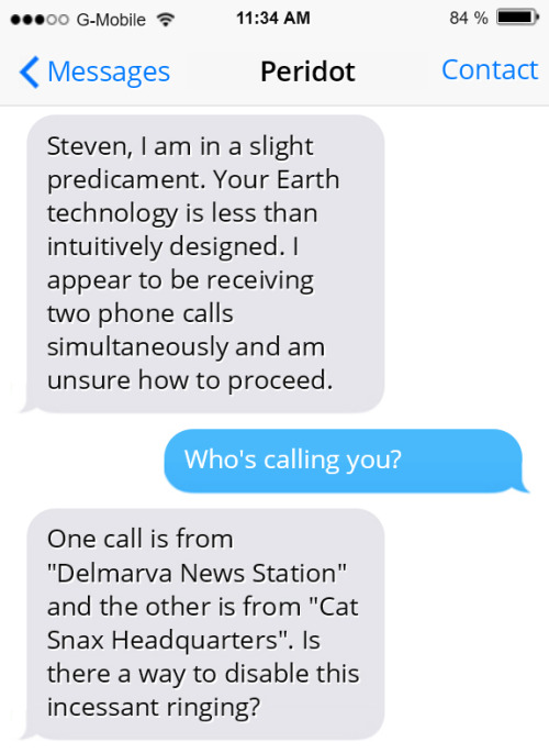 Jeepers. Steven needs to decide which call Peridot should answer before he Literally Actually Dies. Who’s it gonna be?- Answer Delmarva News- Answer Cat SnaxVote here (poll closed) (Not sure what’s going on? Catch up here)    