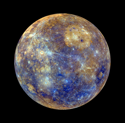 This colorful view of Mercury was produced by using images from the color base map imaging campaign 