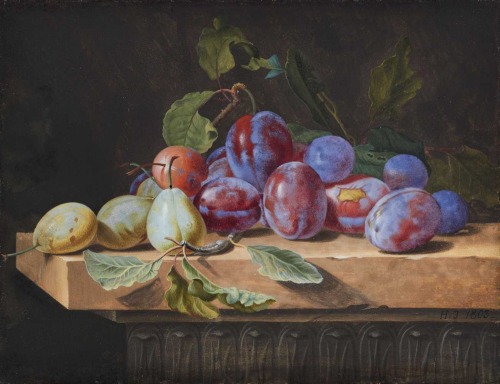 Monogramist H.J. Still life with plums and pears, 19th century. Via Lempertz