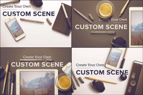 trendgraphy:  2 Custom Scenes: Create your own virtual spaces (Mockups)This awesome piece of photoshop files makes spaces just dragging and dropping predetermined elements. So if you feel like you need a picture or mockup of a moleskine next to an iPad,