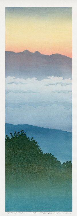 Yatsugatake Mountains   -   Tsukasa YoshidaJapanese, b. 1949-Woodblock  . 8 x 22 in.
