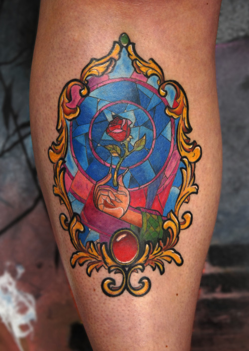 chrismorristattoos:  Finished Beauty and the Beast Stained Glass Window Tattoo 