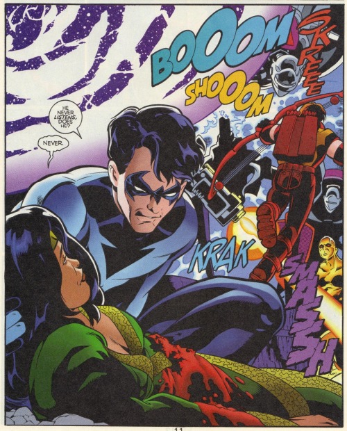 thoughtsaboutdickgrayson:From The Titans #12 (February 2000) Dick attempts to help a wounded Chesh