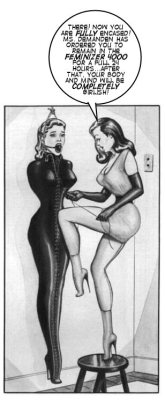 tgirlinthemirror:feminisedredhead:  prettysissydani:art by Gene Bilbrew, dialogue by me   Can I go next please?   If only…