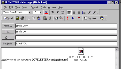 oldwebtreasure:The ILOVEYOU virus, also known as LoveLetter or LoveBug, was one of the earliest bugs