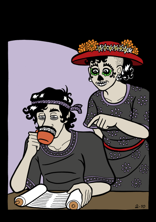 a-gnosis:An old drawing of Hades and Persephone where Persephone has dressed herself up as the Mexic