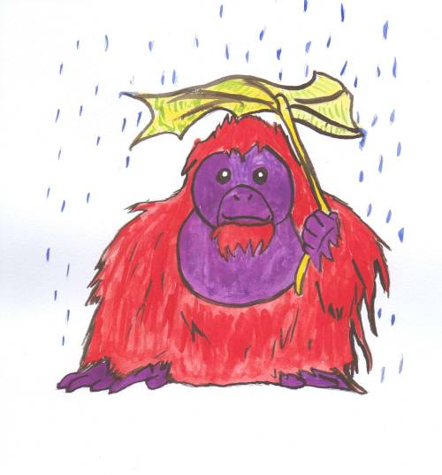 anamericanwerewolfintraffic:more animal paintings!An orangutan using a large leaf as an umbrella;A u