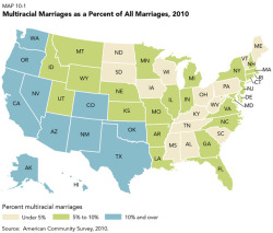 mapsontheweb:  Multiracial marriages in the US.