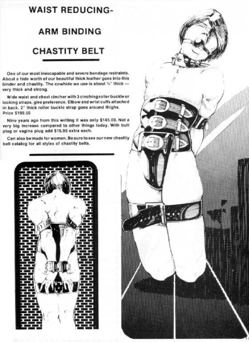 The next page in the catalog shows the &ldquo;Waist Reducing-Arm Binding Chastity Belt&rdquo